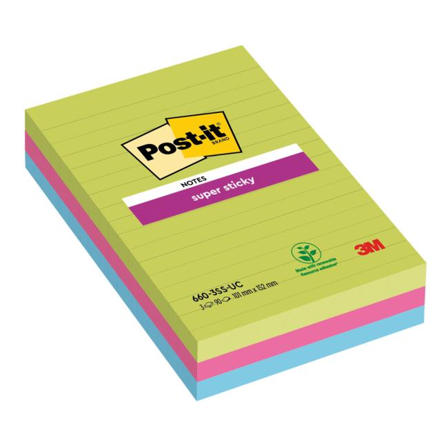 [MM066020] Samolepiaci bloček Post-it Super Sticky 101 mm x 152 mm XXL, dúhové farby, linajkové, 3 bločky po 90 lístkov