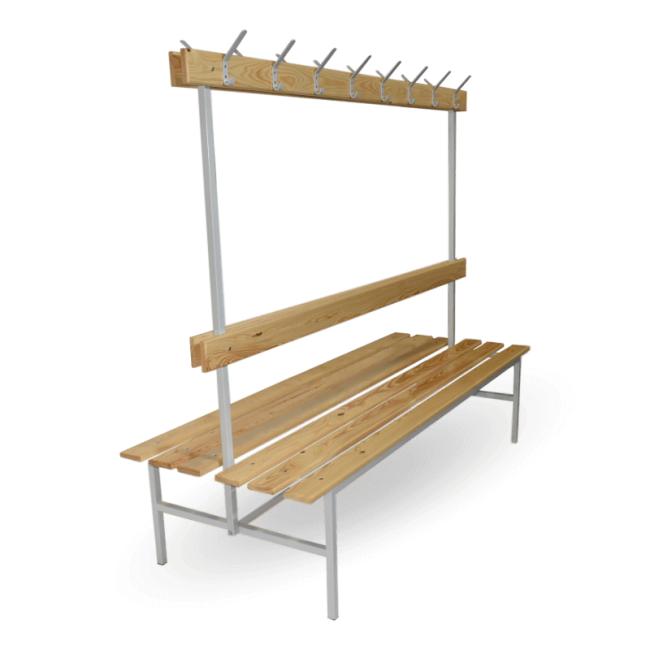 Šatníková lavica obojstranná s opierkou a vešiakmi, v.160 x š.150 x h.69cm, RAL7035 sivá, drevo buk