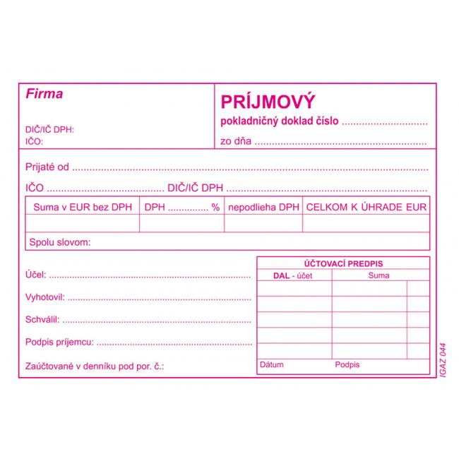 Príjmový pokladničný doklad s DPH, samoprepis, A6,100 listov