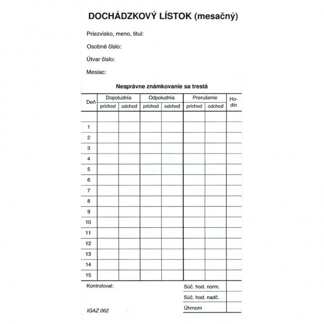 [TL062000] Dochádzkový lístok mesačný (kartón)