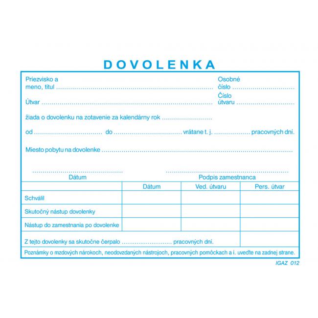 [TL012000-C] Tlačivo Dovolenka A6, 100 listov (Contracted)