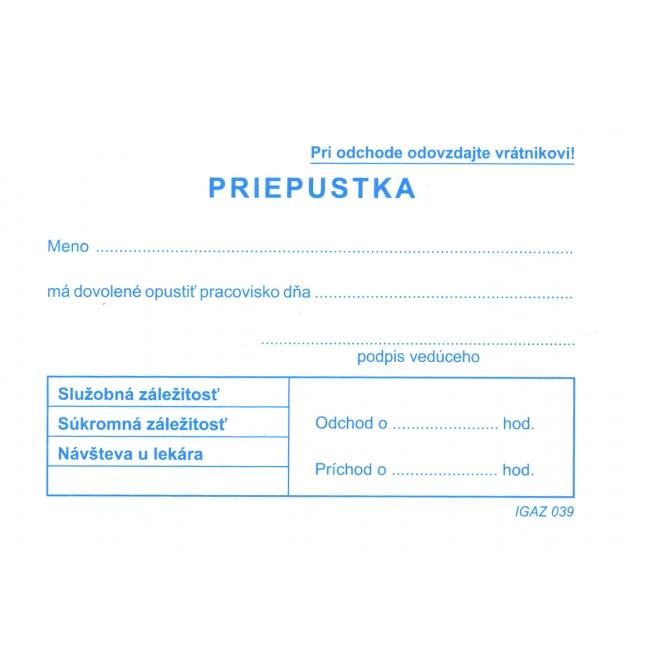 Tlačivo Priepustka A7, 100 listov (Contracted)