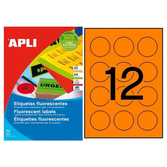 [AG002867] Etikety kruhové farebné priemer 60 mm APLI A4 20 hárkov fluo oranžové