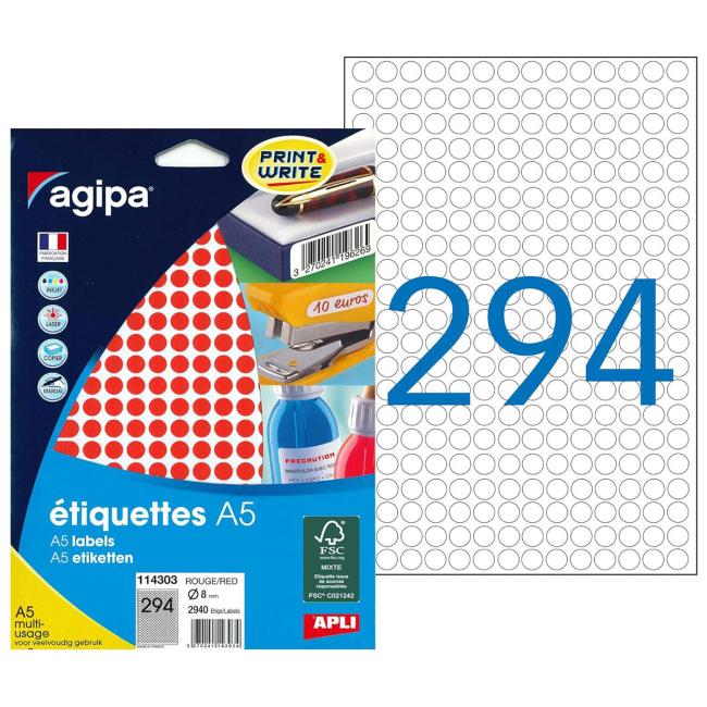 [AG114303] Etikety kruhové 8mm Agipa A5 červené