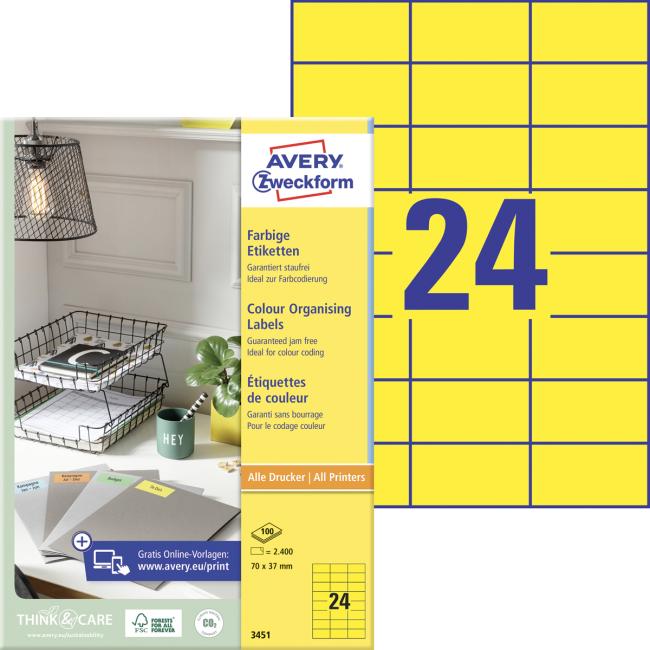 [AV003451] Etikety farebné 70x37mm Avery A4 100 hárkov žlté