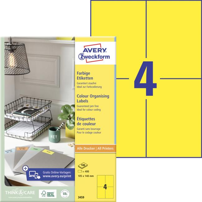 [AV003459] Etikety farebné 105x148mm Avery A4 100 hárkov žlté