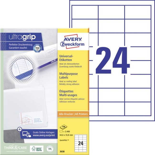 Etikety univerzálne 64,6x33,8mm Avery A4 100 hárkov