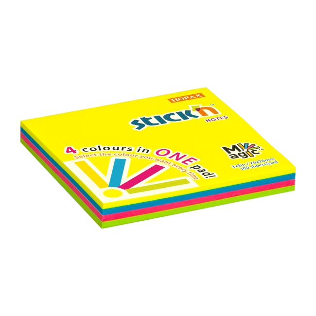 Samolepiaci bloček Stick’n Hopax MAGIC 4 neónové farby, 76 x 76 mm, 100 lístkov