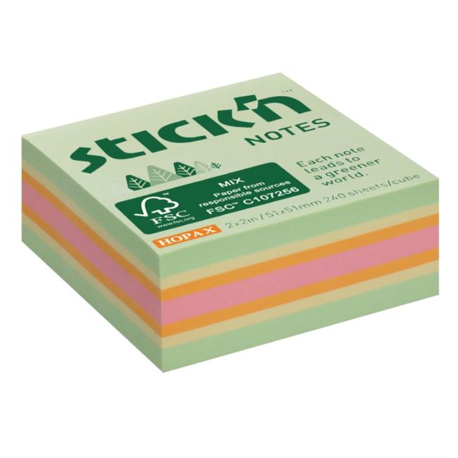 Samolepiaci bloček Stick’n Hopax mini, 51x51 mm, lesný mix pastelových farieb, 240 lístkov