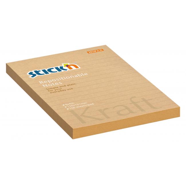 Samolepiaci bloček Stick’n Hopax Kraft, 150x101 mm, prírodná hnedá, linajkový