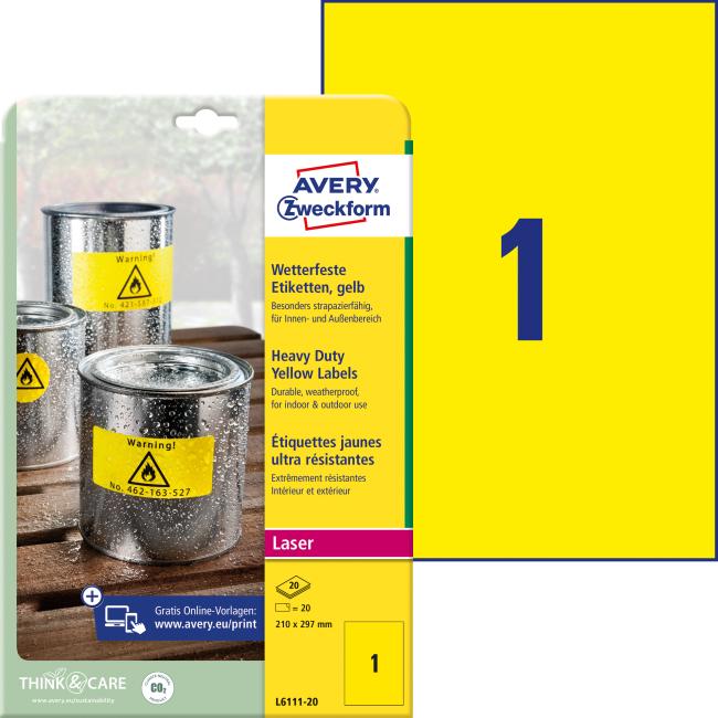 [AV611120] Etikety polyesterové veľmi odolné 210x297mm Avery A4 žlté 20 hárkov