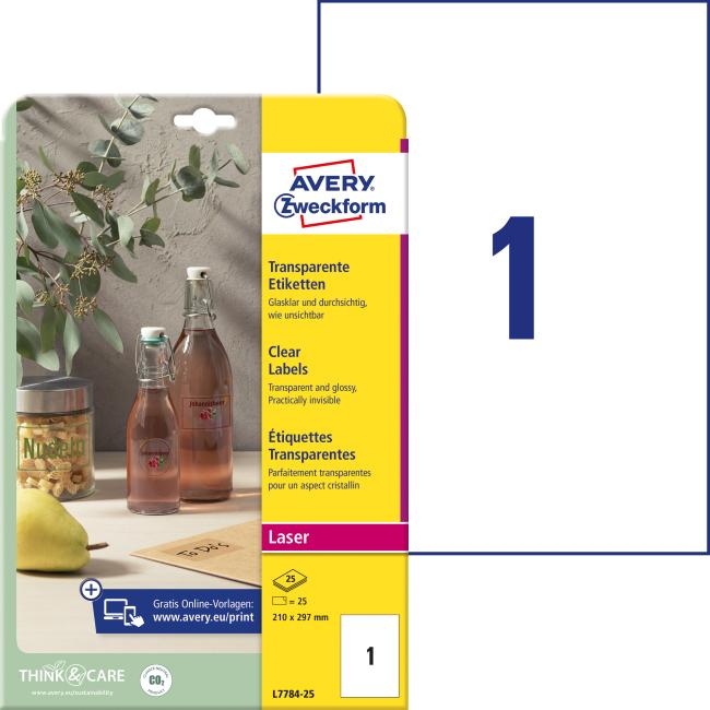 [AV778425] Etikety polyesterové veľmi odolné 210x297mm Avery A4 25 hárkov priehľadné